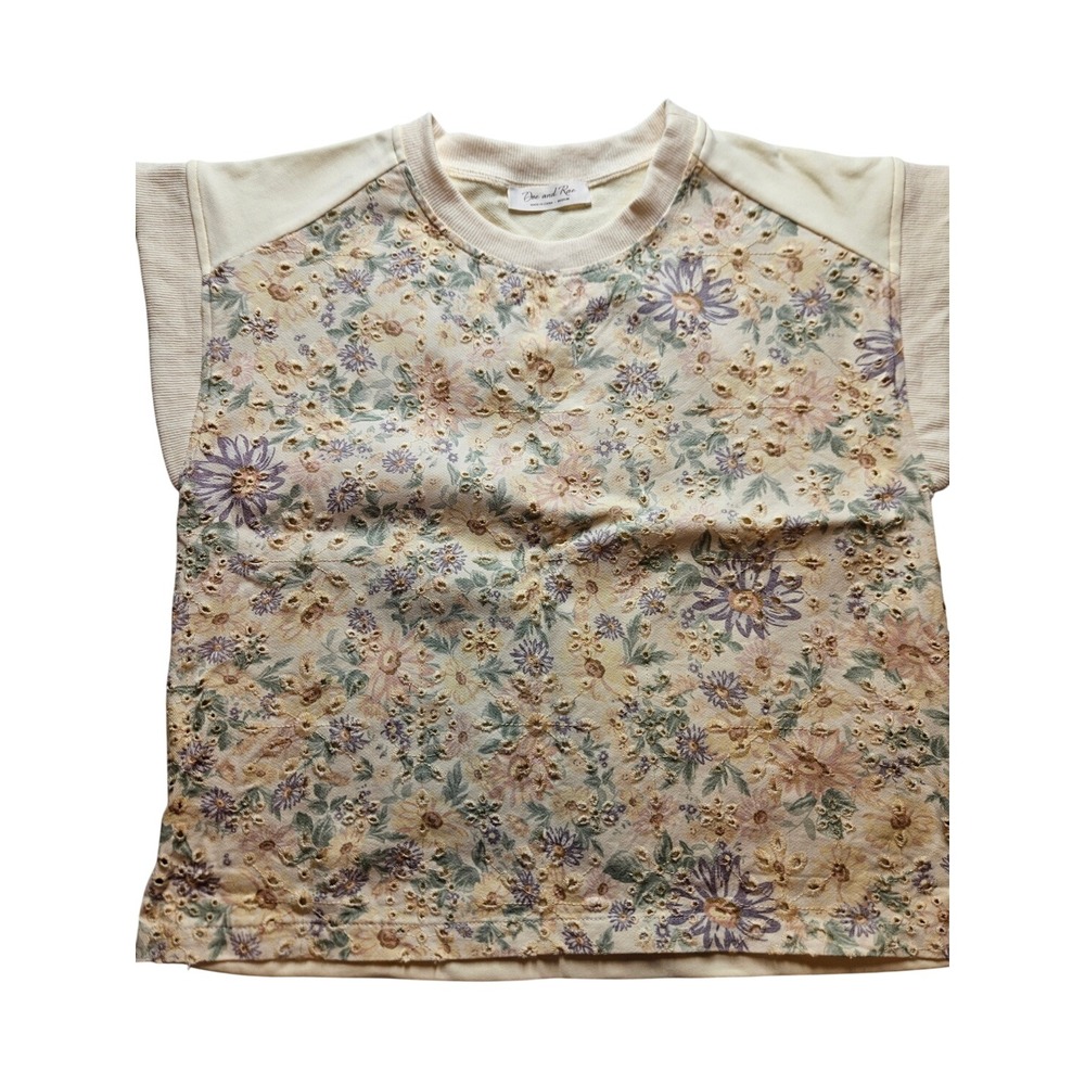 Doe and Rae Floral Eyelet French Terry Sweatshirt Top Cream Medium S#45520T